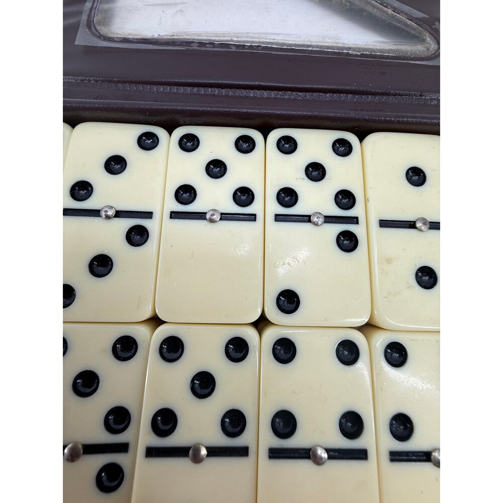 Vintage Double Six Dominoes Set Faux Ivory Black Dots Retro Game Carrying Case - Picture 3 of 5